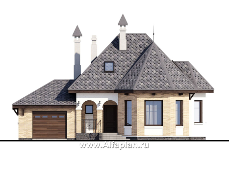 «Душечка» - проект дома с мансардой из газоблоков, в русском стиле, с гаражом - превью фасада дома