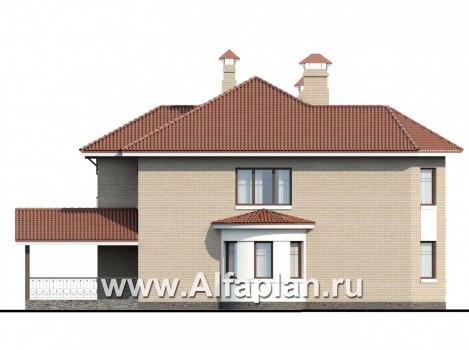 «Митридат» - проект двухэтажного дома, с эркером и с террасой, планировка с кабинетом на 1 эт, навес на 1 авто - превью фасада дома