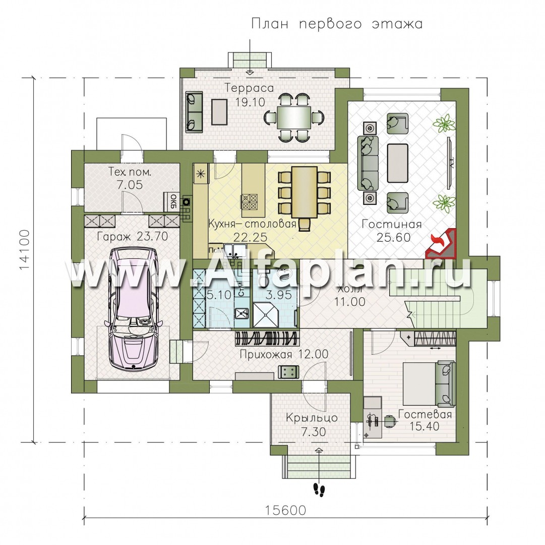 Проекты домов Альфаплан - «Формула успеха» - современный коттедж с угловыми окнами - план проекта №1