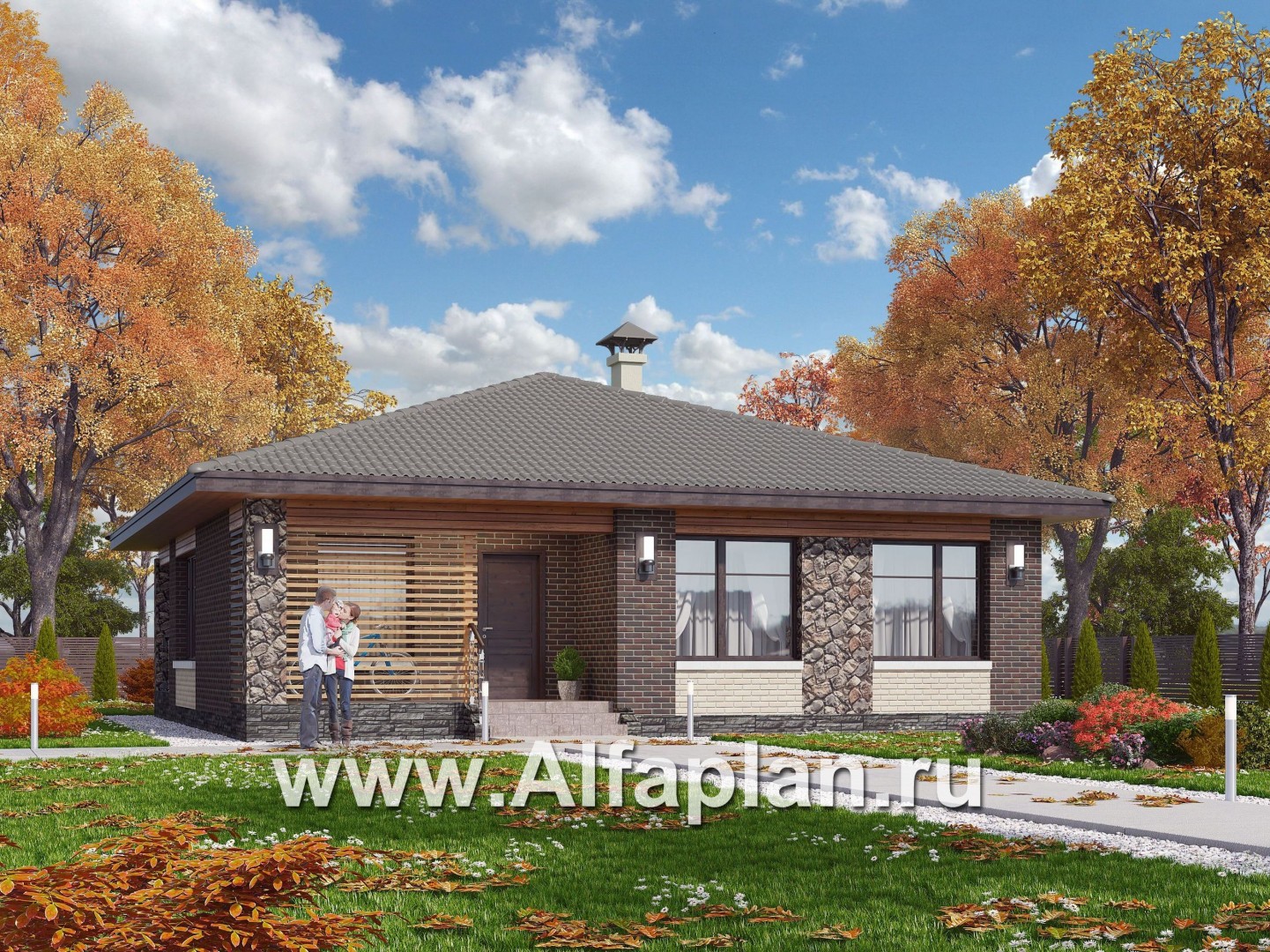 Проекты домов Альфаплан - «Волхов» - уютный одноэтажный коттедж с тремя спальнями - основное изображение