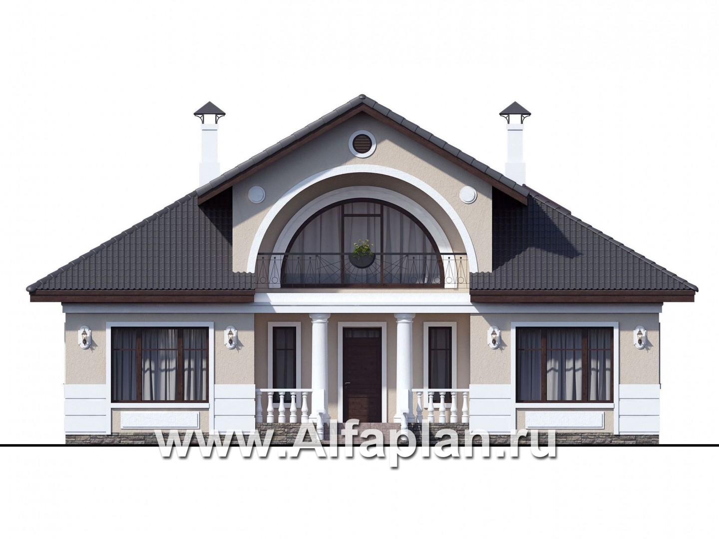 Проекты домов Альфаплан - «Любвино» - проект дома с мансардой, с террасой и с биллиардной, в классическом стиле, русская усадьба - изображение фасада №1