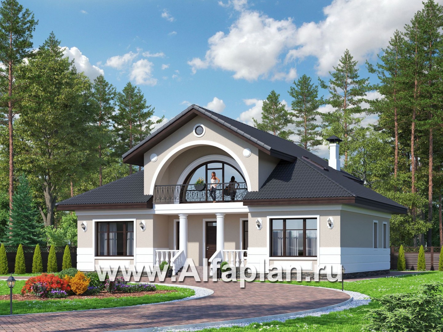 Проекты домов Альфаплан - «Любвино» - проект дома с мансардой, с террасой и с биллиардной, в классическом стиле, русская усадьба - основное изображение
