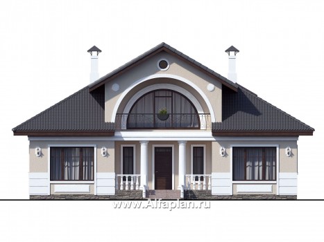 Проекты домов Альфаплан - «Любвино» - проект дома с мансардой, с террасой и с биллиардной, в классическом стиле, русская усадьба - превью фасада №1