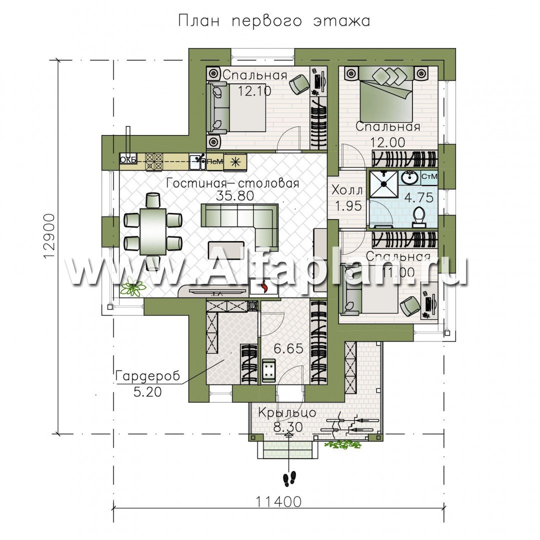 Проекты домов Альфаплан - Проект одноэтажного дома с угловыми окнами - план проекта №1