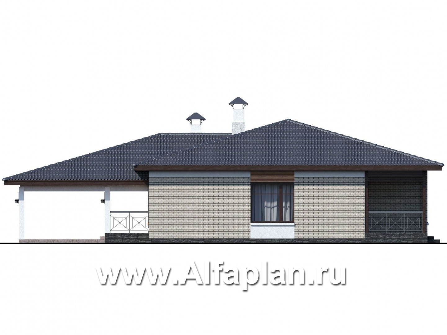 Проекты домов Альфаплан - «Покровка» - стильный одноэтажный коттедж с гаражом-навесом - изображение фасада №2