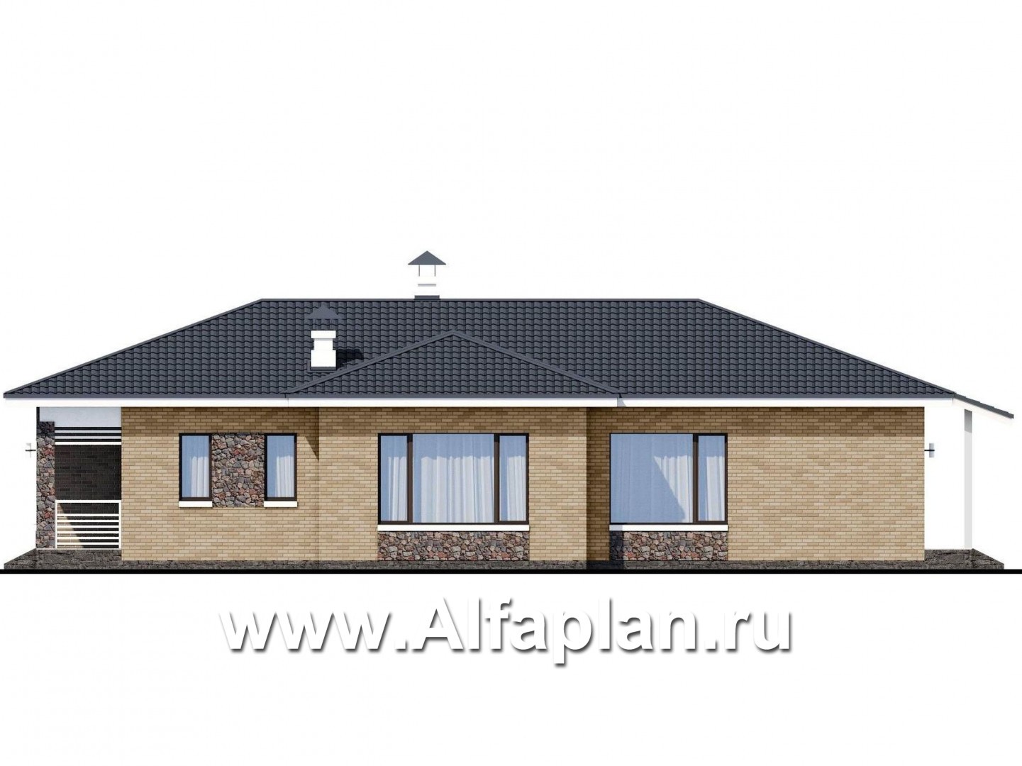 «Муза» - проект одноэтажного дома из кирпича, с  сауной и с террасой, в современном стиле - фасад дома