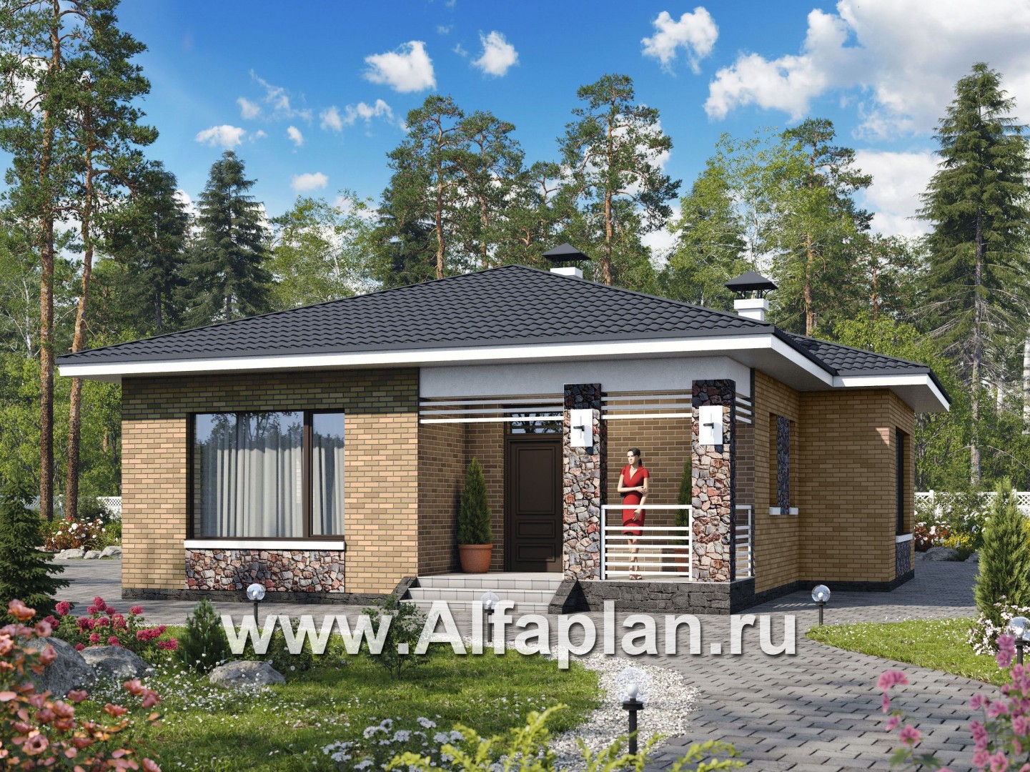 «Муза» - проект одноэтажного дома из кирпича, с  сауной и с террасой, в современном стиле - основное изображение