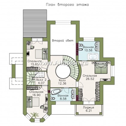 «Воронцов» - проект двухэтажного дома с эркером, с биллиардной в мансарде,  планировка со спиральной лестницей - превью план дома