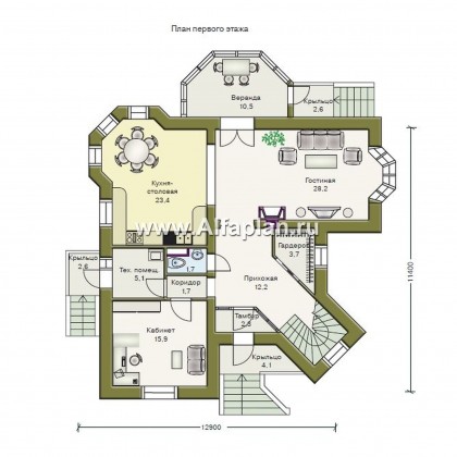 «Аскольд» - проект двухэтажного дома с террасой, планировка дома по диагонали, в стиле замка - превью план дома