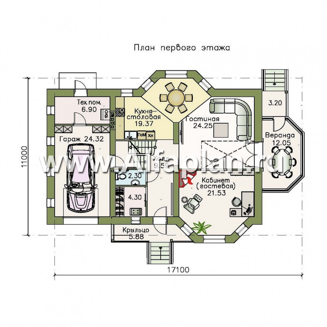 Проекты домов Альфаплан - «Грюсгот» - проект  коттеджа с гаражом и верандой - изображение плана проекта №1