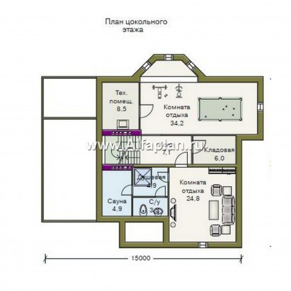 «Принцесса на горошине»  - проект двухэтажного дома, планировка с кабинетом на 1 эт, с террасой, с цокольным этажом - превью план дома