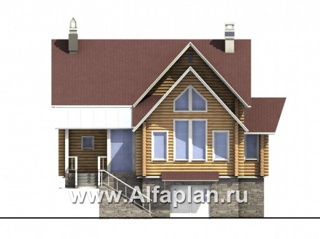 «Л-Хаус» - проект деревянного дома с мансардой, из бревен, с кабинетом на 1 эт, гараж и сауна в цоколе на уровне земли - превью фасада дома