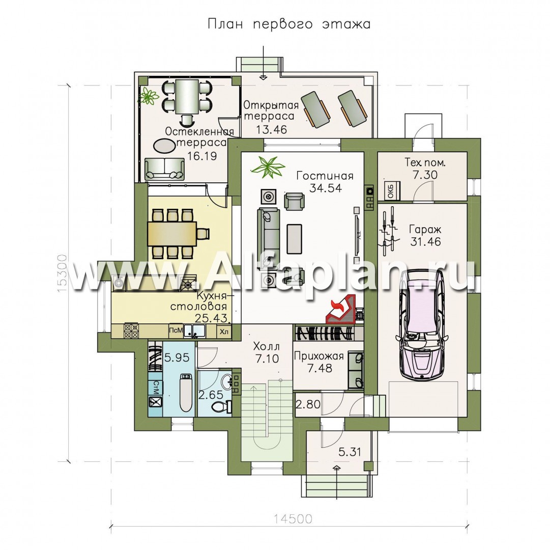 Проекты домов Альфаплан - «Равновесие» - изящный коттедж с террасами и гаражом - изображение плана проекта №1