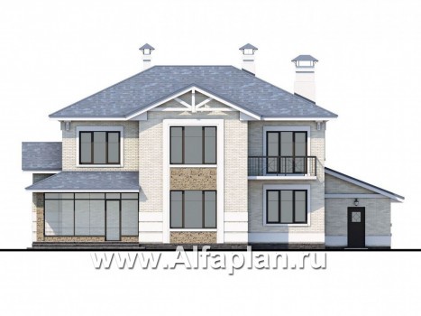«Аутентик» - проект двухэтажного дома, с двусветным холлом и верандой, арочное окно, гараж на 2 авто, в стиле эклектика - превью фасада дома