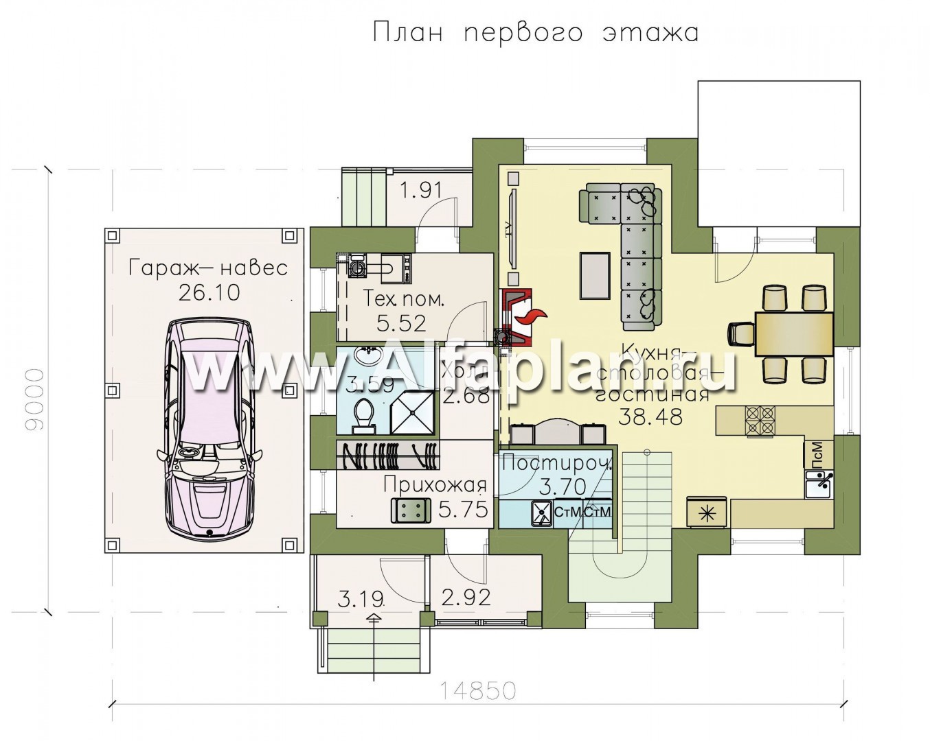 Проекты домов Альфаплан - Коттедж из кирпича «Высокая орбита» с гаражом навесом - изображение плана проекта №1