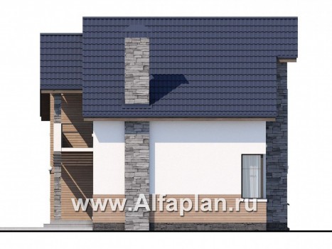 «Валаам» - проект  современного дома с мансардой, с угловым остеклением гостиной, в стиле шале - превью фасада дома