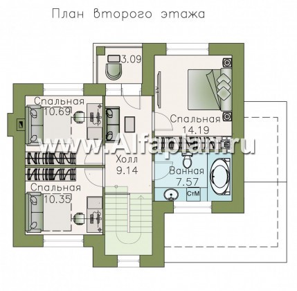 «Валаам» - проект  современного дома с мансардой, с угловым остеклением гостиной, в стиле шале - превью план дома