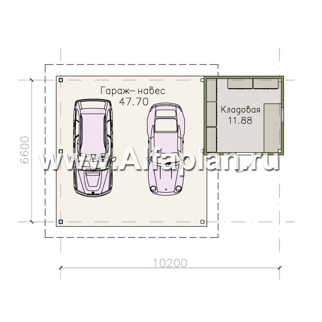 Проекты домов Альфаплан - Навес стоянка для 2 авто с небольшой кладовой - план проекта №1