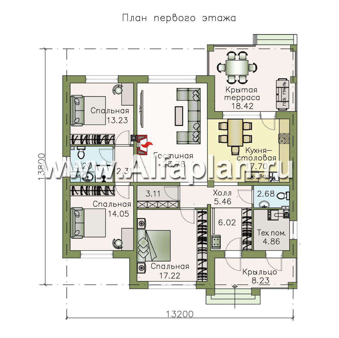 Проекты домов Альфаплан - «Жасмин» - одноэтажный дом в классическом стиле - план проекта №1