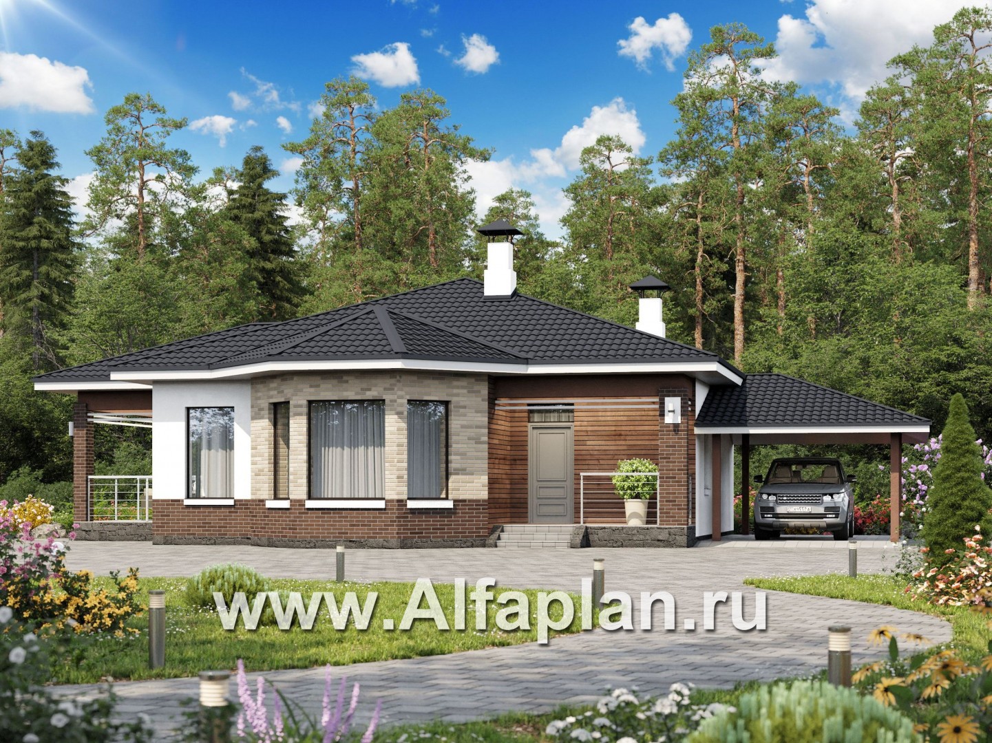 Проекты домов Альфаплан - «Гемера» - стильный одноэтажный дом с эркером и гаражом-навесом - основное изображение