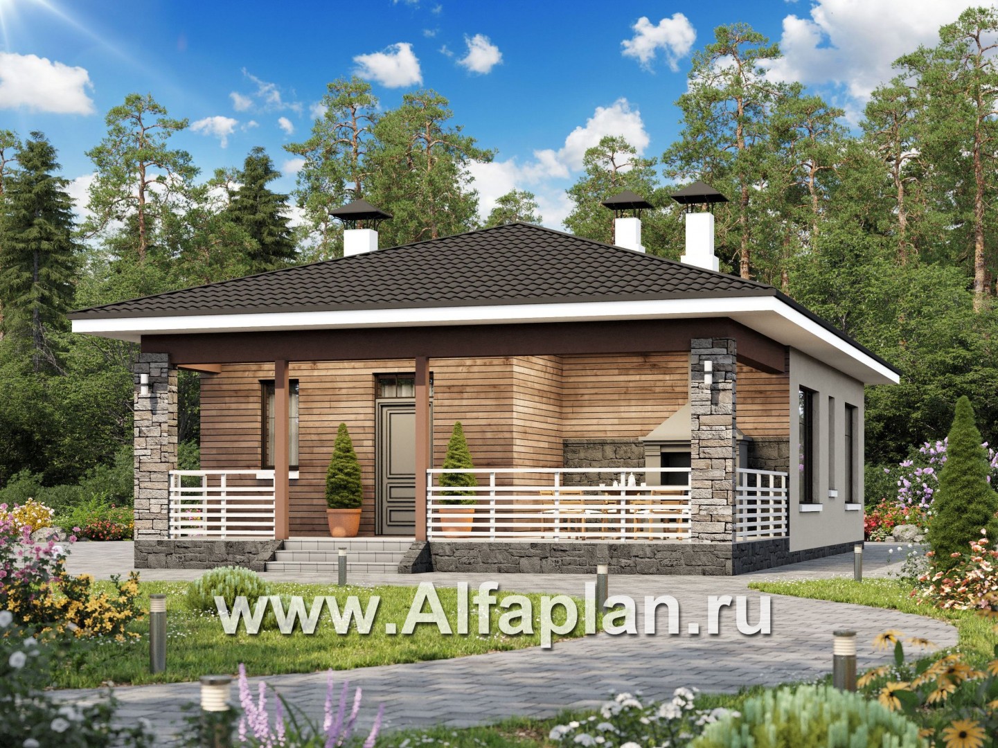 Проекты домов Альфаплан - «Мелета» - уютный одноэтажный дом с тремя спальнями - основное изображение