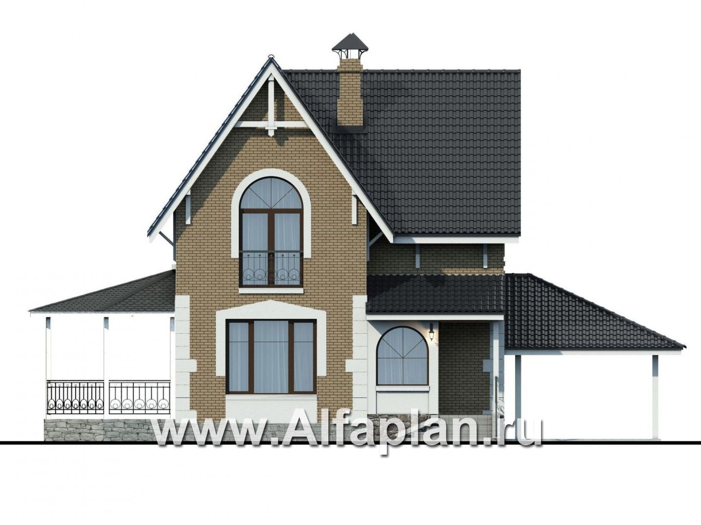 Проекты домов Альфаплан - Дом из газобетона «Оптима» с навесом и террасой - изображение фасада №1