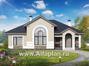Проекты домов Альфаплан - «Волга» - коттедж с тремя жилыми комнатами на 1 этаже и с жилой мансардой - превью основного изображения
