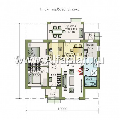 Проекты домов Альфаплан - «Княженика» - проект экономичного одноэтажного дома  сауной - превью плана проекта №1