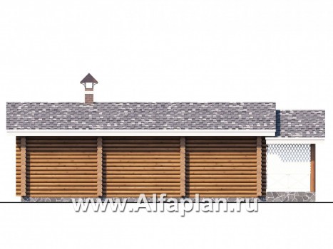 Проект бани, из дерева, из бревен, с террасой, с гостевой спальней, вдоль границы участка - превью фасада дома