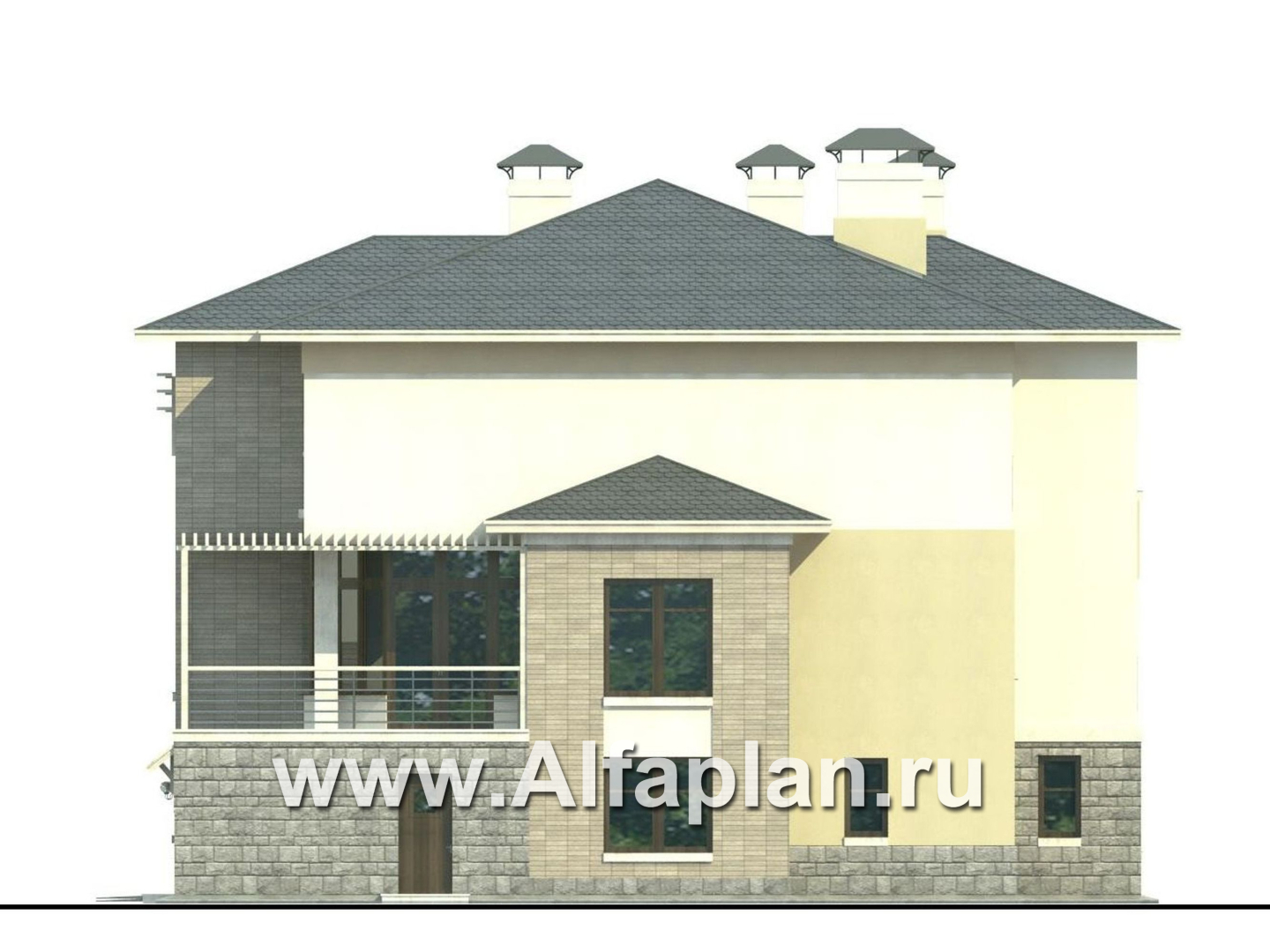 Проекты домов Альфаплан - «Три  семерки» - проект трехэтажного дома, гараж в цоколе, второй свет и панорамные окна, современный дизайн дома - изображение фасада №2