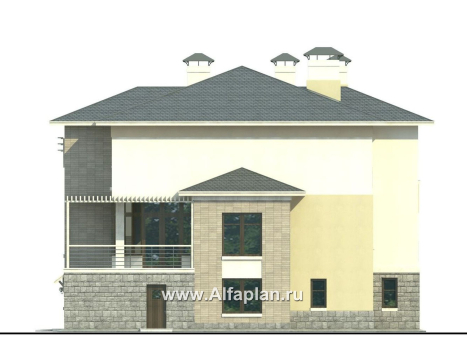 Проекты домов Альфаплан - «Три  семерки» - проект трехэтажного дома, гараж в цоколе, второй свет и панорамные окна, современный дизайн дома - превью фасада №2