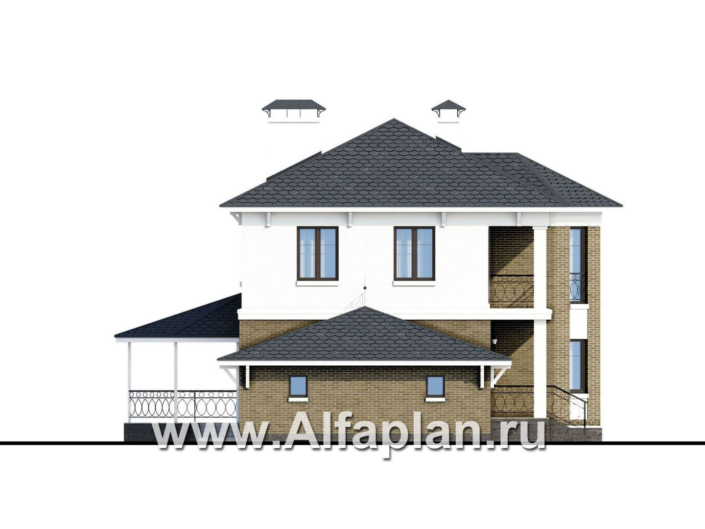 Проекты домов Альфаплан - «Классика» - двухэтажный особняк с большим гаражом и комнатой на первом этаже - изображение фасада №4