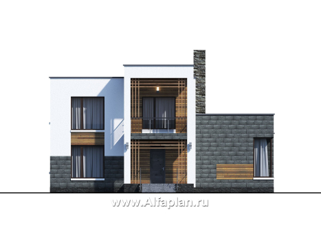 Проекты домов Альфаплан - «Футура» - современный двухэтажный дом с плоской кровлей - превью фасада №1