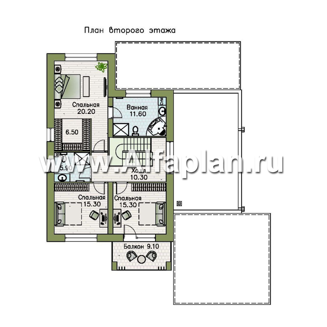 Проекты домов Альфаплан - «Футура» - современный двухэтажный дом с плоской кровлей и гаражом-навесом - план проекта №2