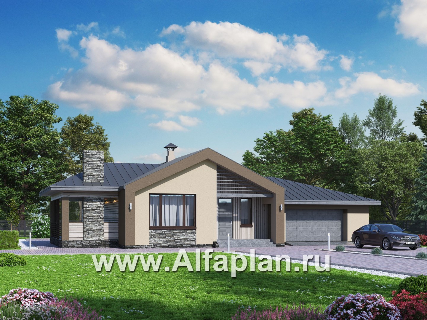 Проекты домов Альфаплан - «Аркада» - современный одноэтажный дом с террасой и большим гаражом - основное изображение