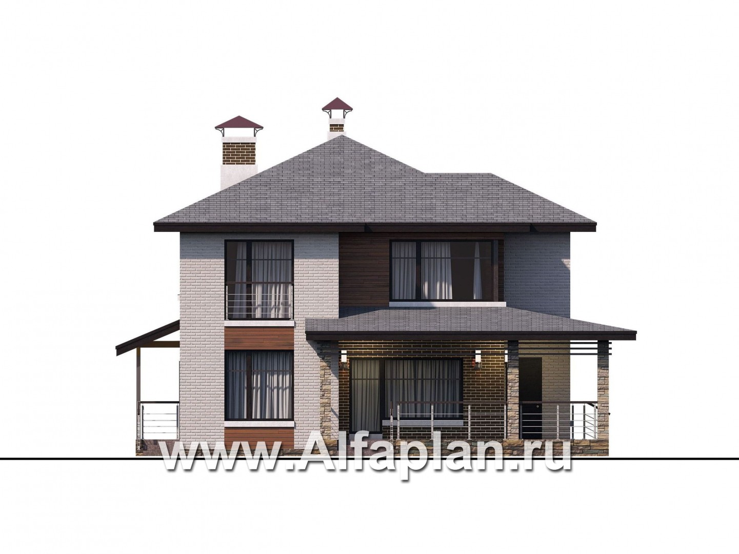 Проекты домов Альфаплан - «Квантум» - двухэтажный дом с большой террасой,  с комнатой на 1-ом этаже - изображение фасада №1
