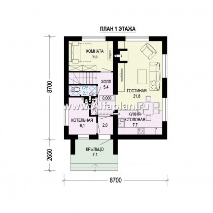 Проект двухэтажного дома из газобетона, планировка с кабинетом на 1 эт, в современном стиле - превью план дома
