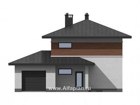 Проекты домов Альфаплан - Современный двухэтажный дом из газобетона с гаражом - превью фасада №1