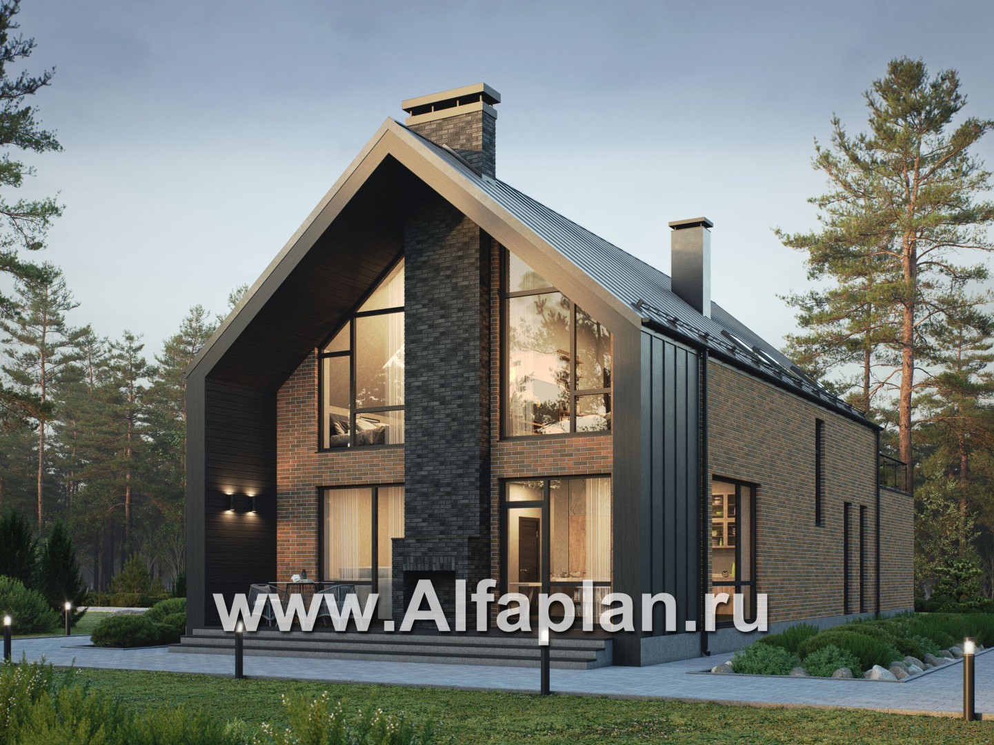 Проект дома с мансардой, планировка с террасой и с гаражом, 5 спален, в стиле барнхаус - дизайн дома №1