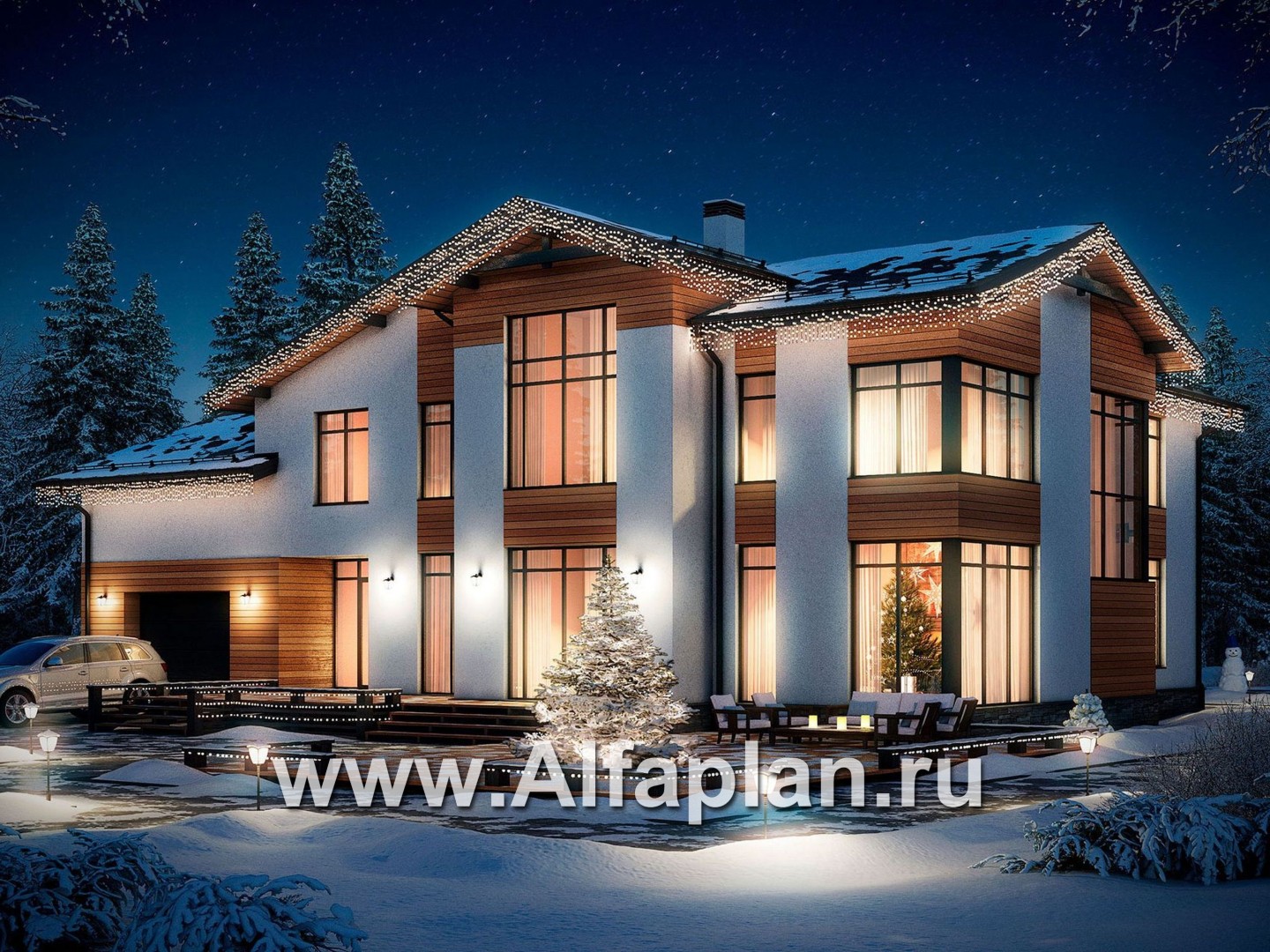 Проект двухэтажного дома, с террасой и с гаражом, в современном стиле - дизайн дома №1