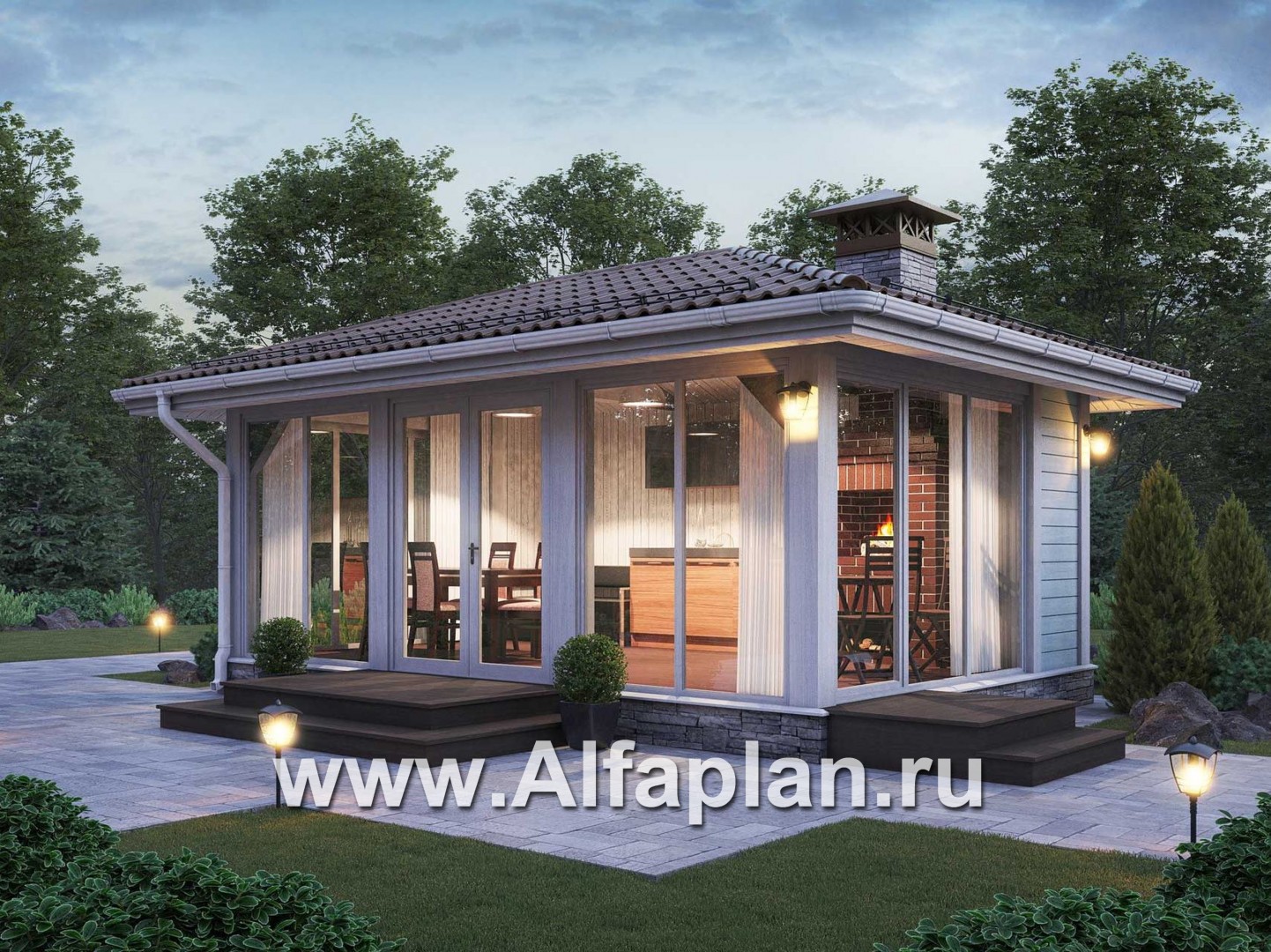 Проект современной беседки с камином и остеклением - дизайн дома №1