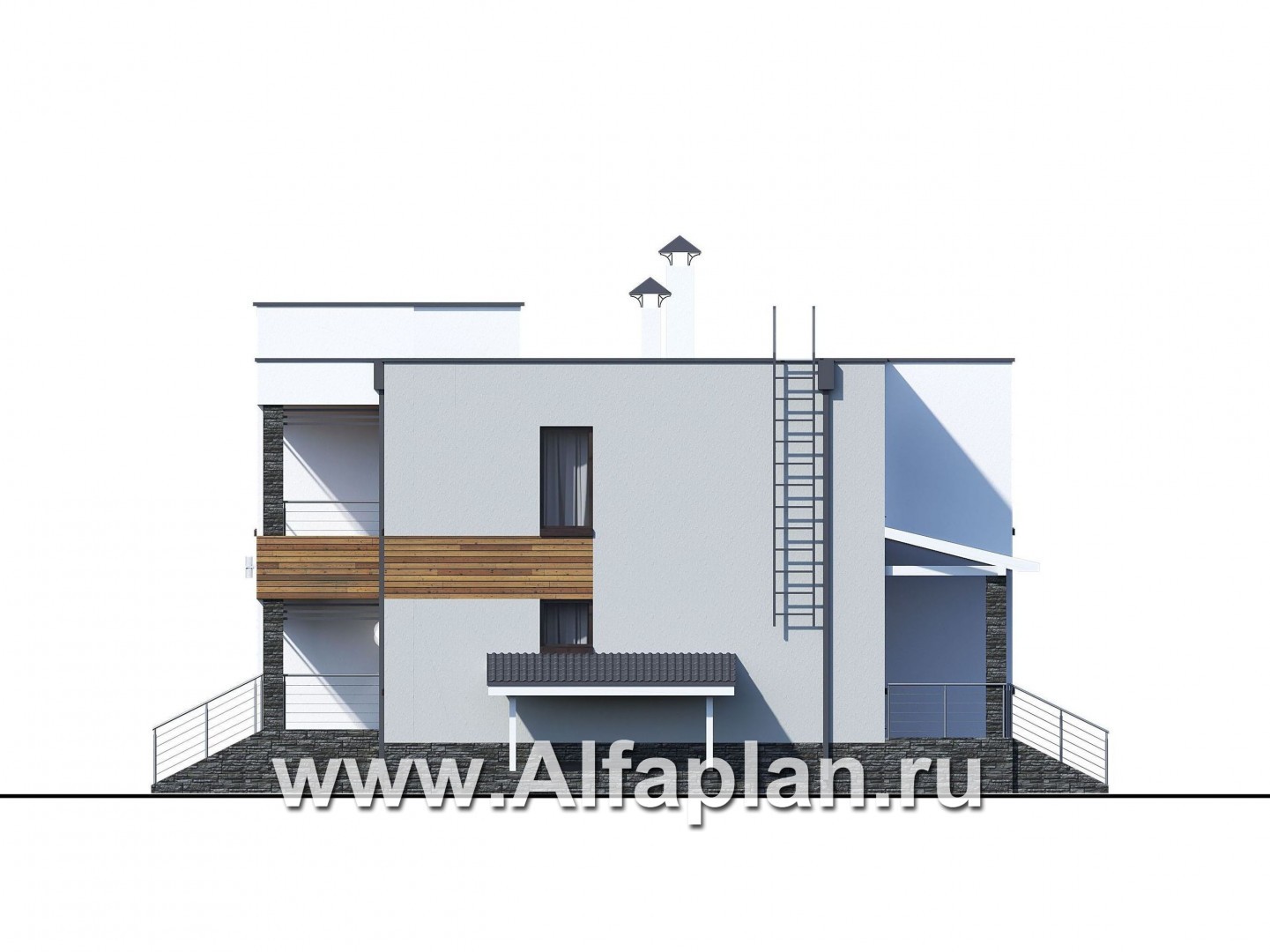 Проекты домов Альфаплан - «Престиж» - проект удобного и просторного дома с плоской кровлей, и с цокольным этажом - изображение фасада №2