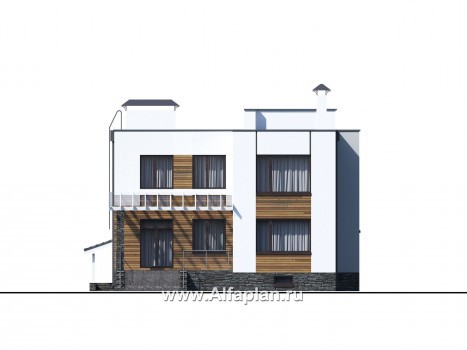 Проекты домов Альфаплан - «Престиж» - проект удобного и просторного дома с плоской кровлей, и с цокольным этажом - превью фасада №3
