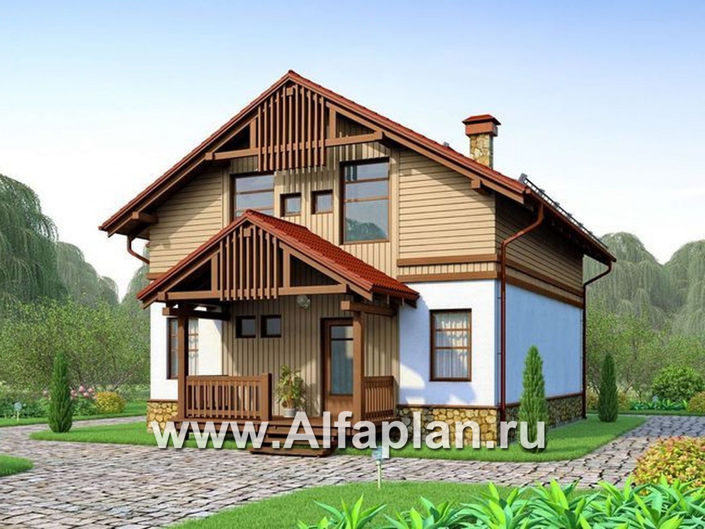 Проект каркасного дома с мансардой, план с кабинетом на 1 эт, в стиле шале - дизайн дома №1