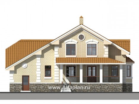 Проект двухэтажного дома из газобетона, с эркером и с гаражом, для большой семьи (6 спален) - превью фасада дома