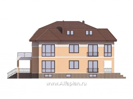 Проекты домов Альфаплан - Проект особняка бизнес класса с цокольным этажом и мансардой - превью фасада №4