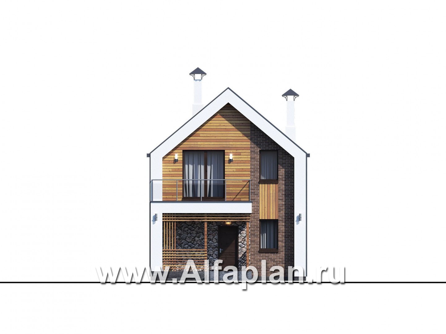 Проекты домов Альфаплан - «Барн» — современный мансардный дом с террасой и балконом - изображение фасада №1