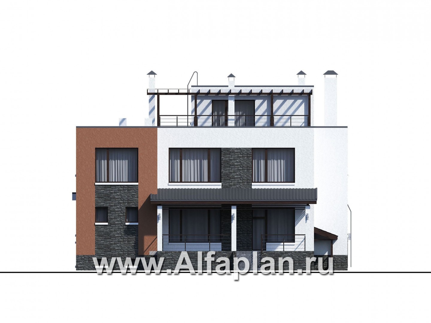 «Альстер Плюс» — проект двухэтажного дома в стиле хай-тек, элитая вилла с цокольным этажом - фасад дома
