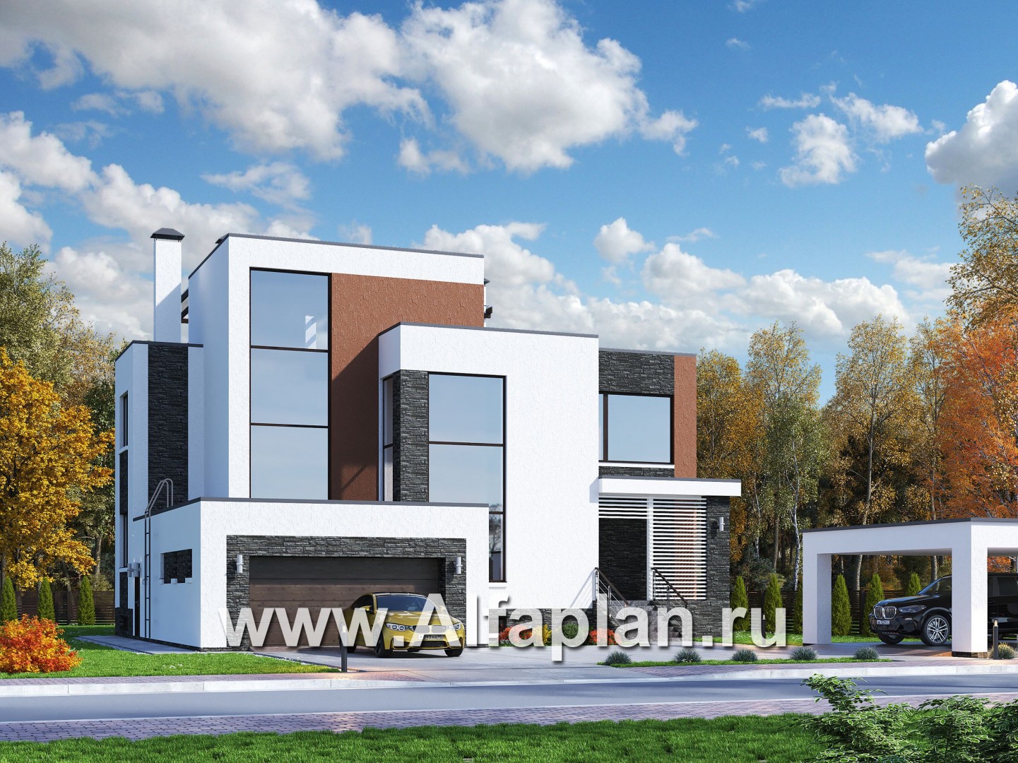 «Альстер Плюс» — проект двухэтажного дома в стиле хай-тек, элитая вилла с цокольным этажом - основное изображение