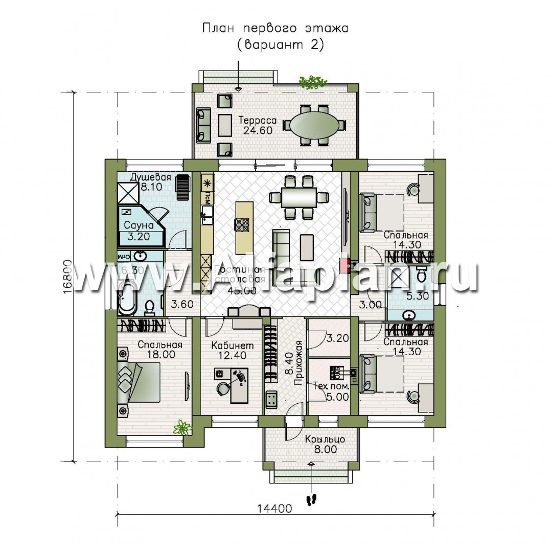 Проекты домов Альфаплан - «Зодиак» - одноэтажный коттедж с пятью жилыми комнатами - изображение плана проекта №2